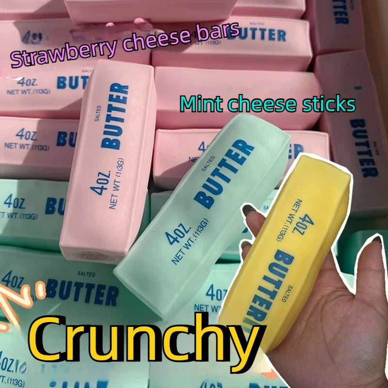 Pastel cheese and butter stick crunch squishies stacked in strawberry and mint colours