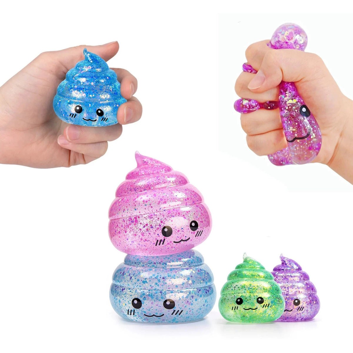 Glitter-filled poo squishies in blue, pink and green with printed faces, being squeezed
