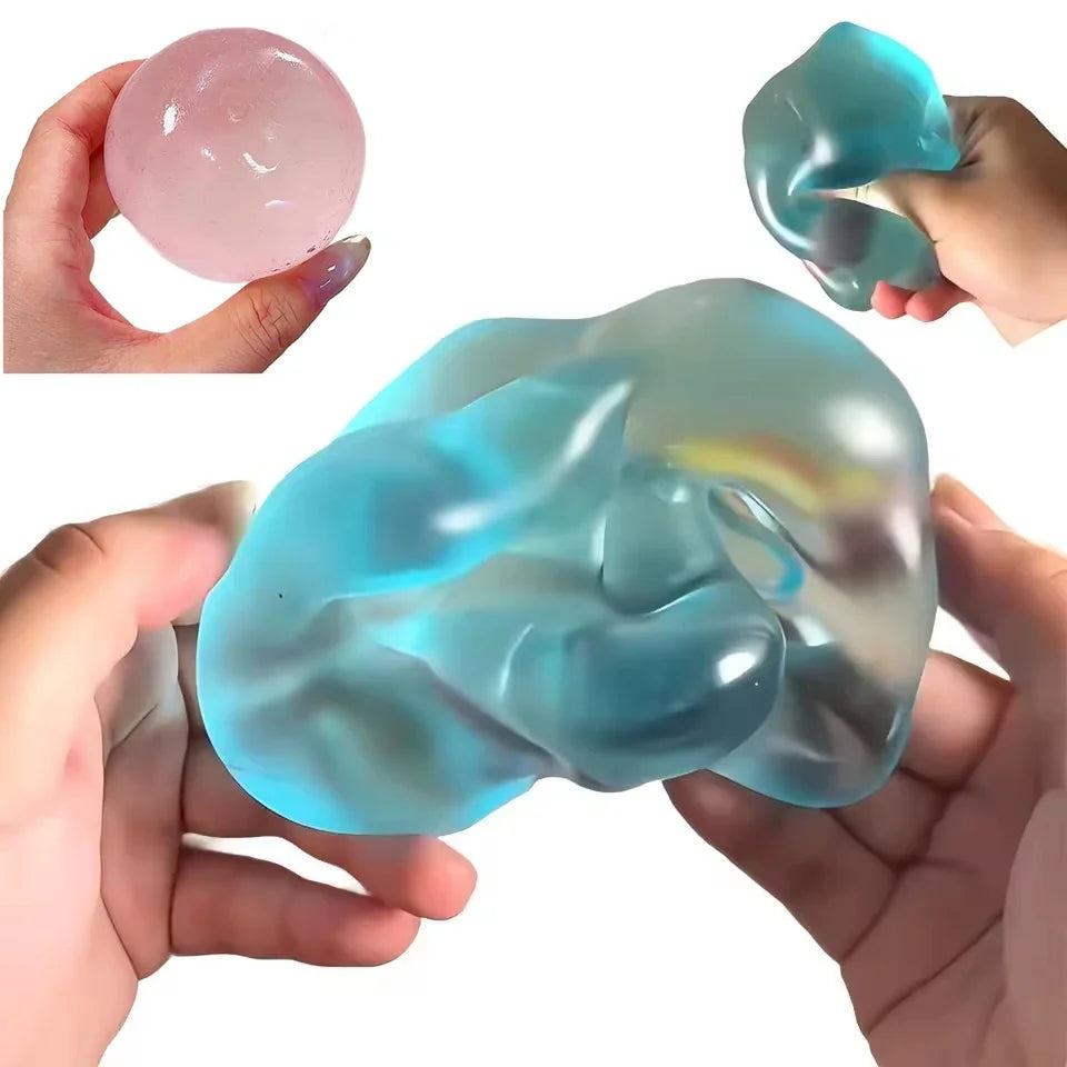Translucent blue maltose squishy being stretched between two hands