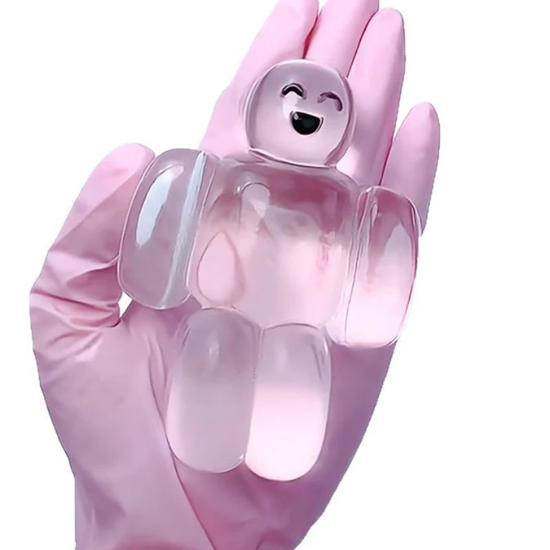 Large transparent jelly robot squishy held up in a hand