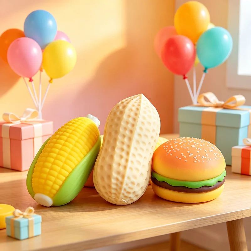 Peanut, corn and burger squishies arranged on a shelf with balloons